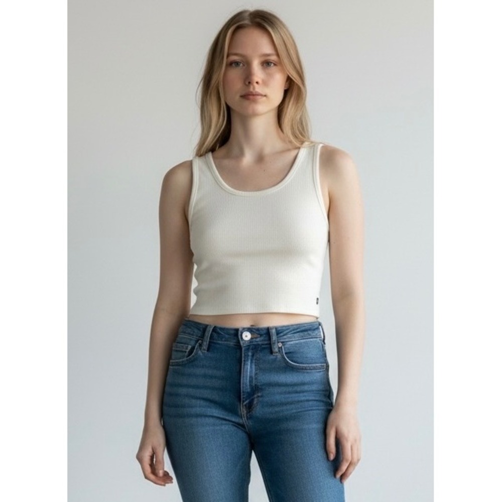 Roxy Womens Off White Ribbed Strappy Back Cropped Tank Top Scoop Neck Small